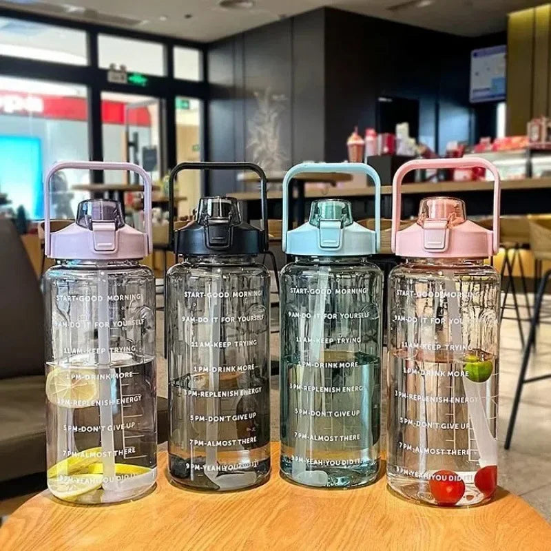 2L Large Capacity Sports Water Bottle with Straw & Time Marker