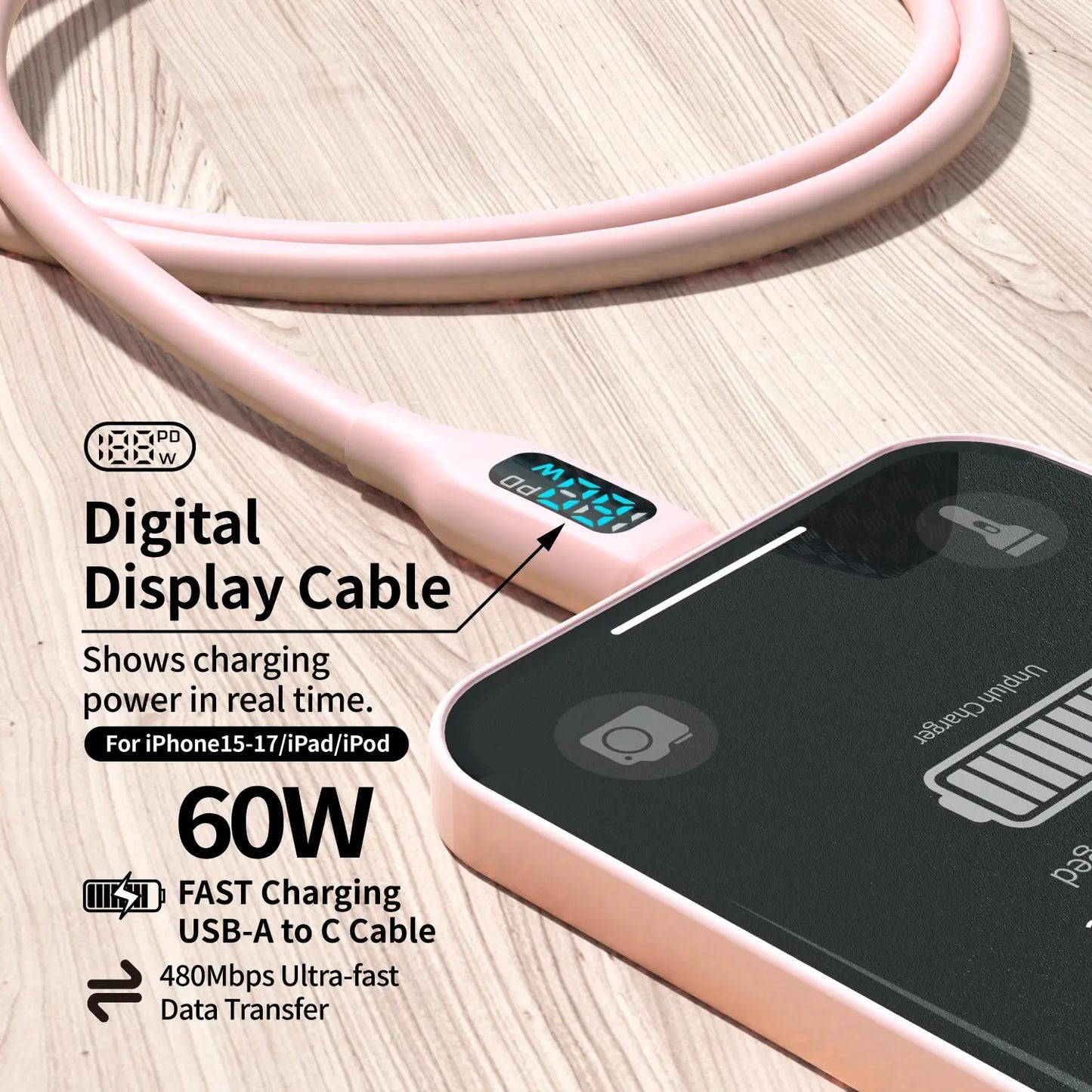 60W USB-A to USB-C Fast Charging Cable | Flexible Silicone Charger