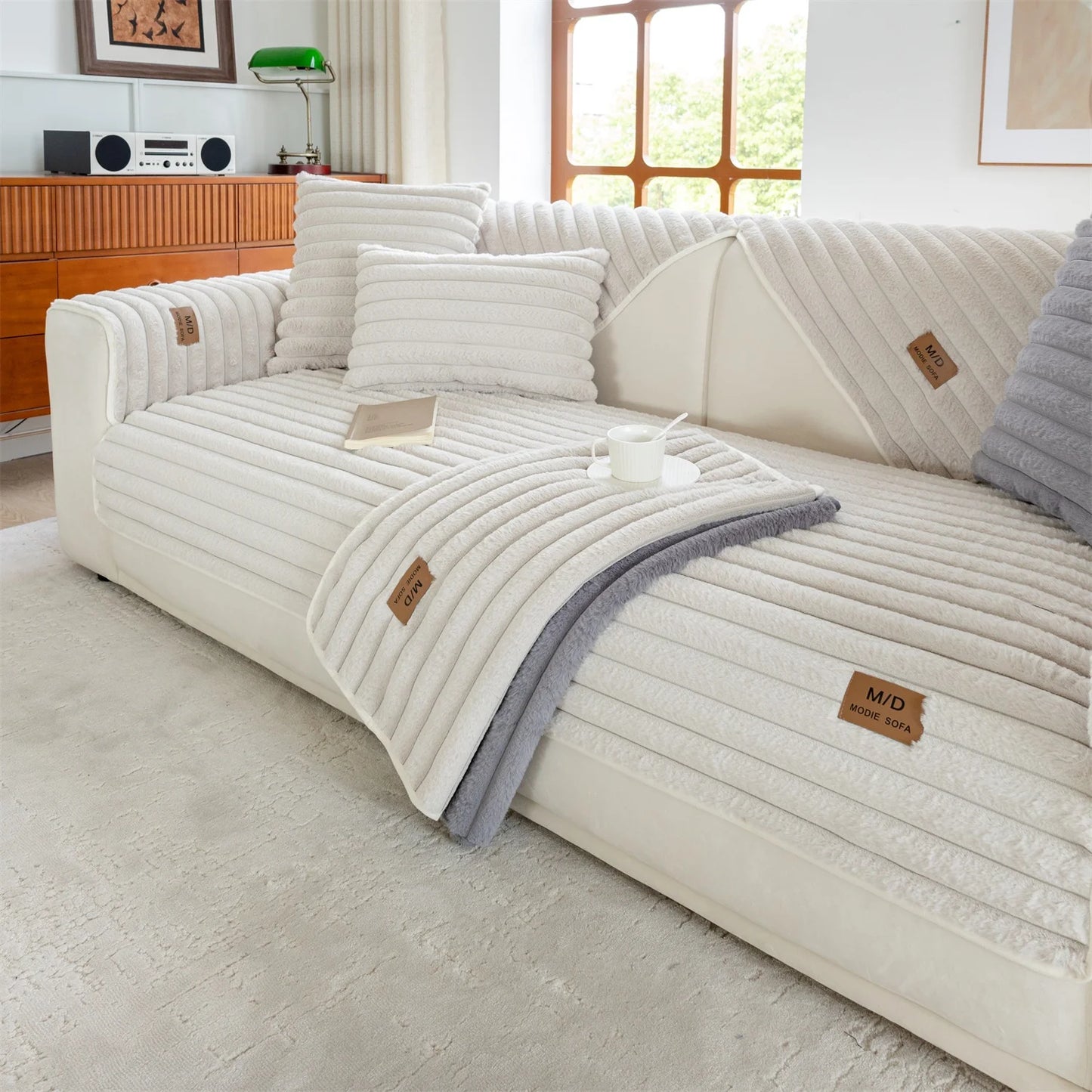 Stripe Imitation Rabbit Fur Plush Sofa Cover | Non-Slip Couch Slipcover