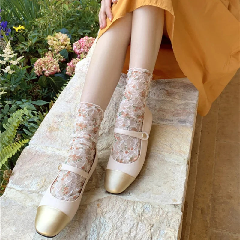 Stylish Korean Lace Flower Long Socks for Women | Breathable Comfort