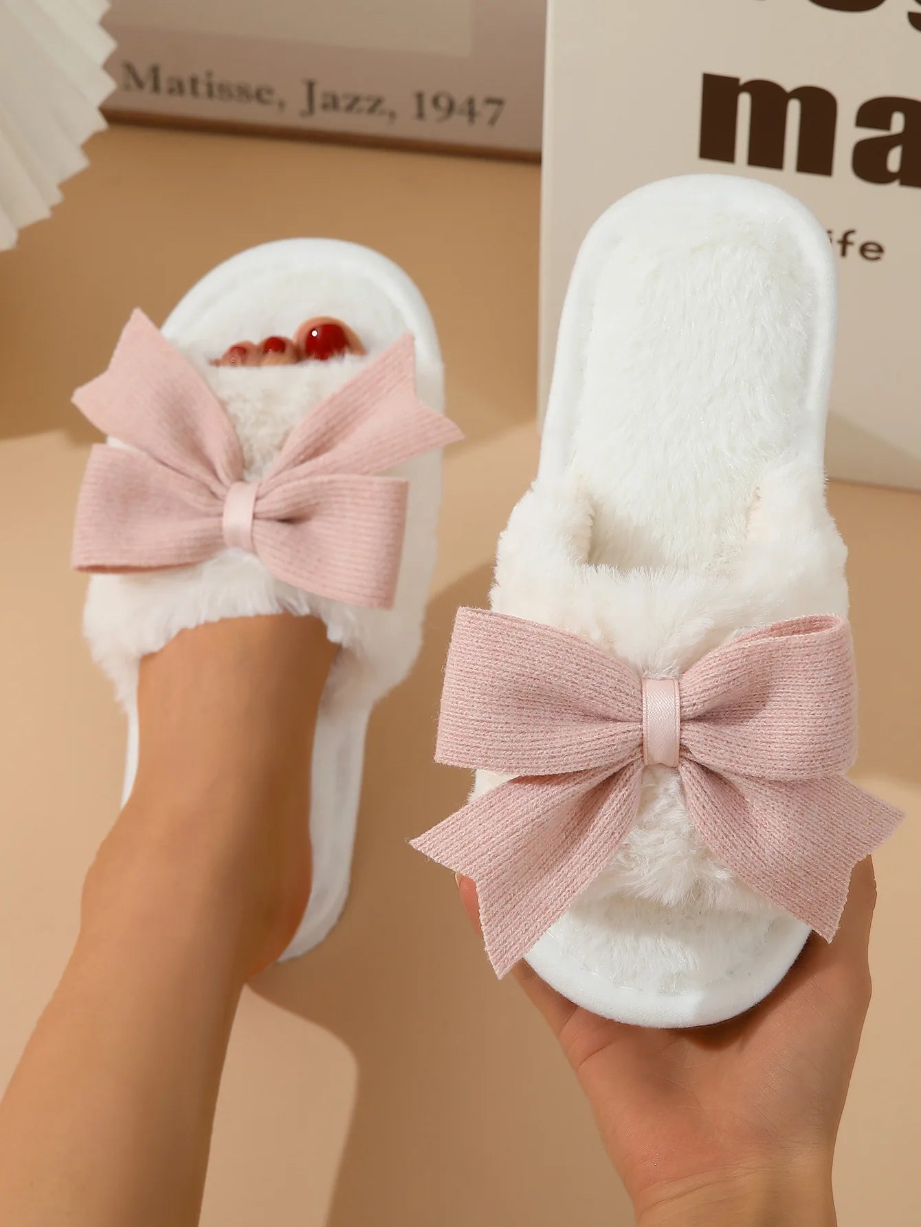 Women's Cute Bow Fluffy Suede Slippers | Warm Winter Indoor Slides