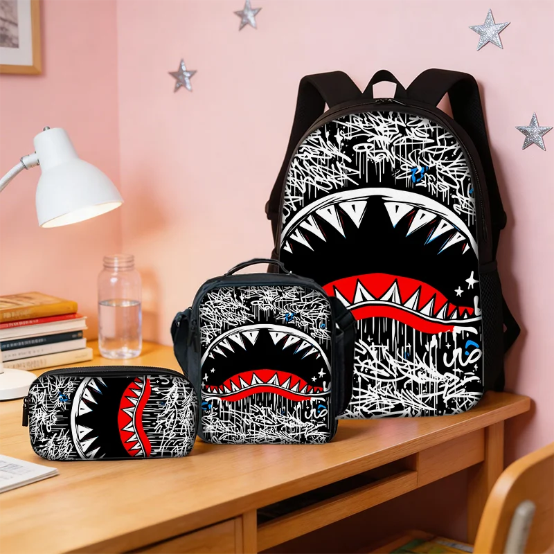 3pcs Shark Graffiti Pattern Backpack Set | Lightweight Travel Bags