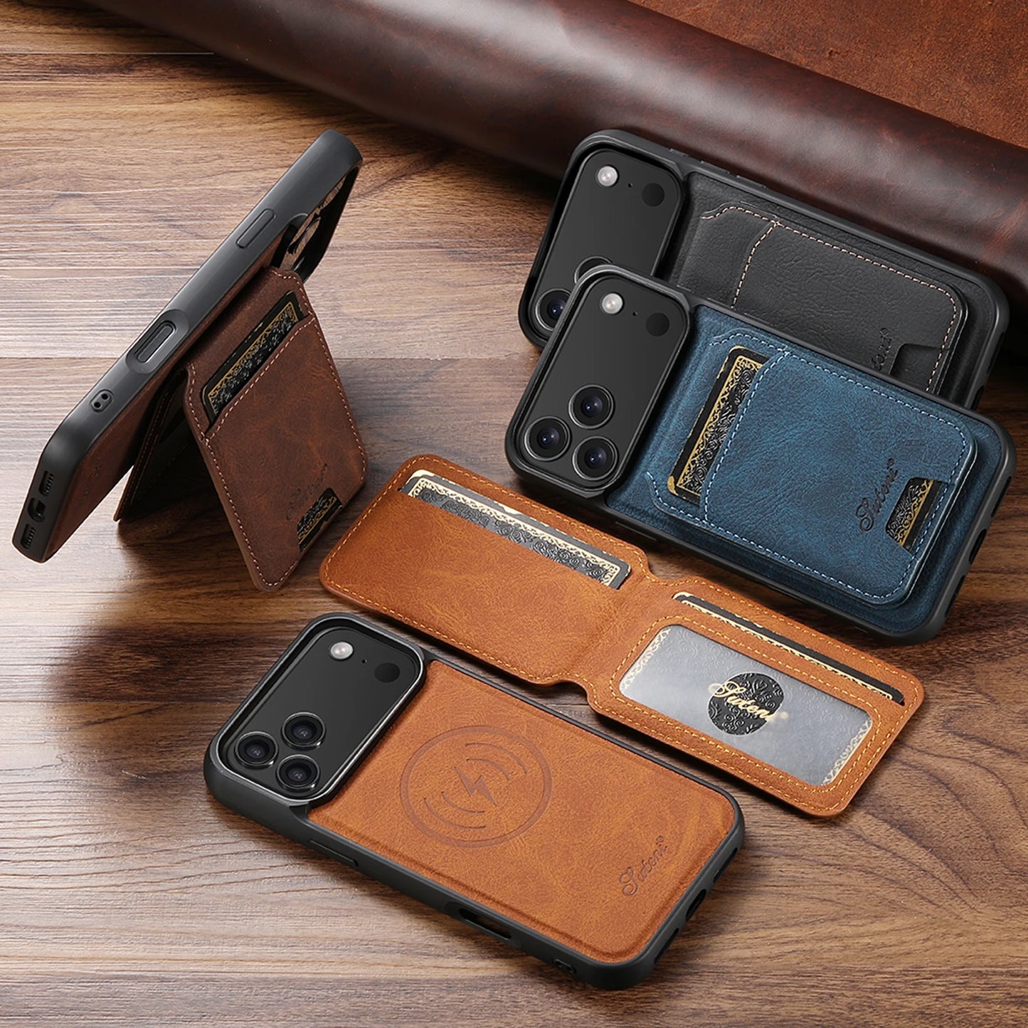 SUTENI Wireless Charging Phone Case Magnet Card Holder Stand Faux Leather For iPhone 17 Pro Max 16 Plus 15 14 13 12