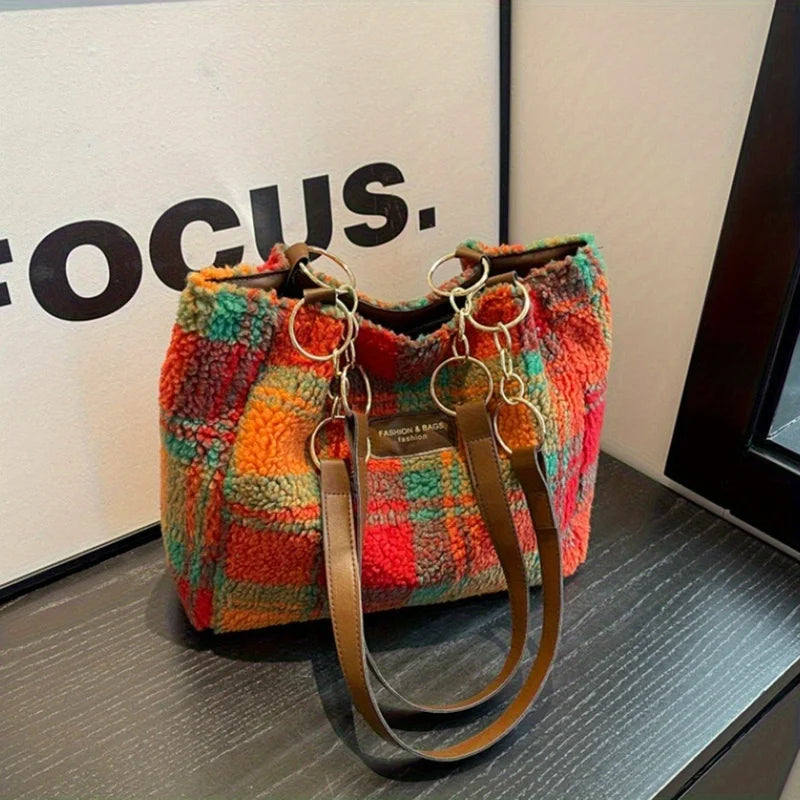 Red Plaid Lambswool Shoulder Bag | Large Capacity Tote for Women