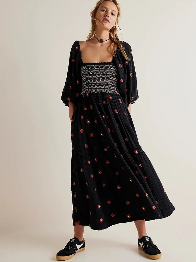 Boho Floral Embroidery Maxi Dress for Women | Casual Fashion