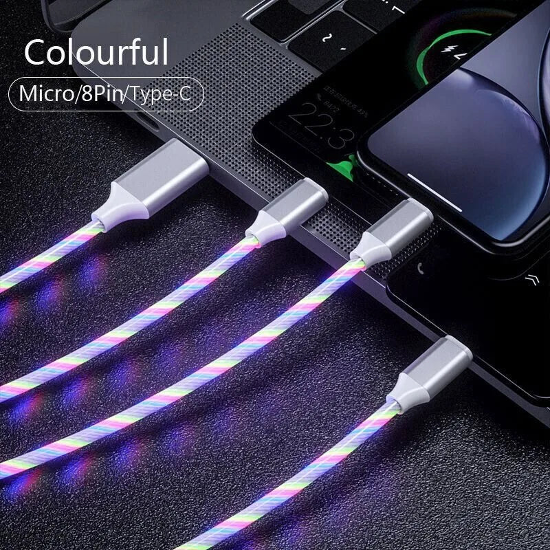 Light Emitting Cable, Mobile Phone Charging Cable, Fast Charging Data Cable, Light Emitting, Suitable for iPhone Micro USB Type C Charger Cable, Three in One LED Fast Charging Cable