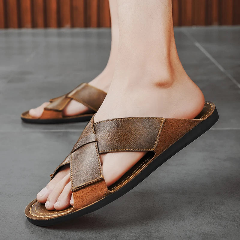Plus Size Men Leather Slippers Homes In Indoor Slippers Summer Open Toe Sandals Comfy Antiskid Soft Bottom Casual Walking Shoes