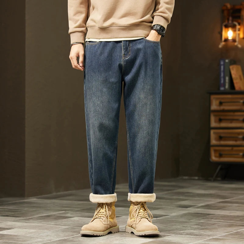 Men's Retro Loose Winter Fleece Jeans | Warm Plush Velvet Pants