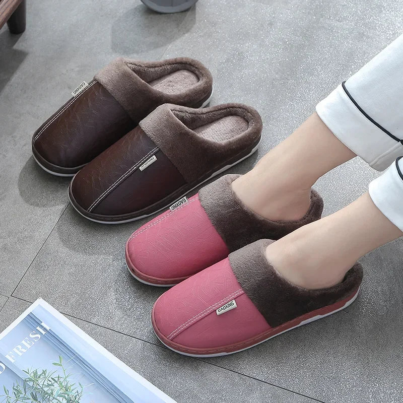 Men's Warm PU Leather Plush Slippers | Cozy Waterproof House Shoes