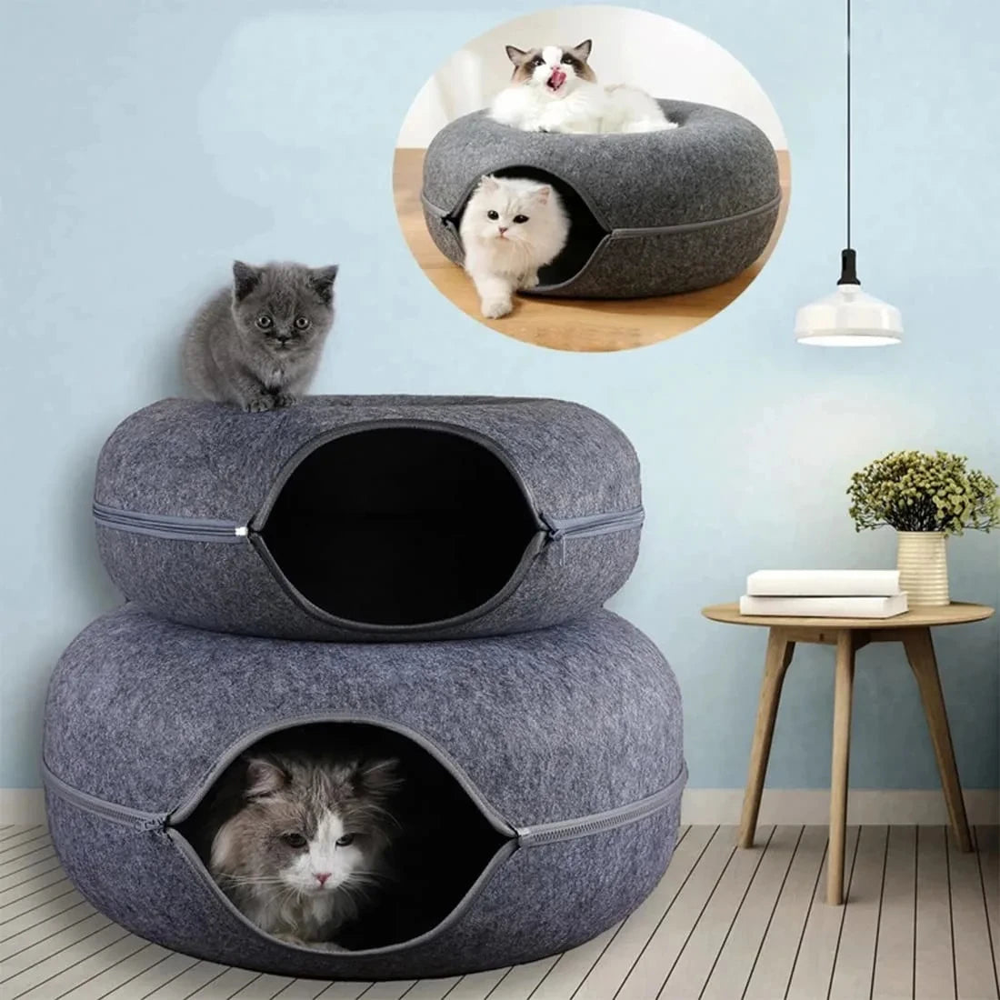 Interactive Round Cat Tunnel Bed | Cozy Felt Cat Toy for Kittens