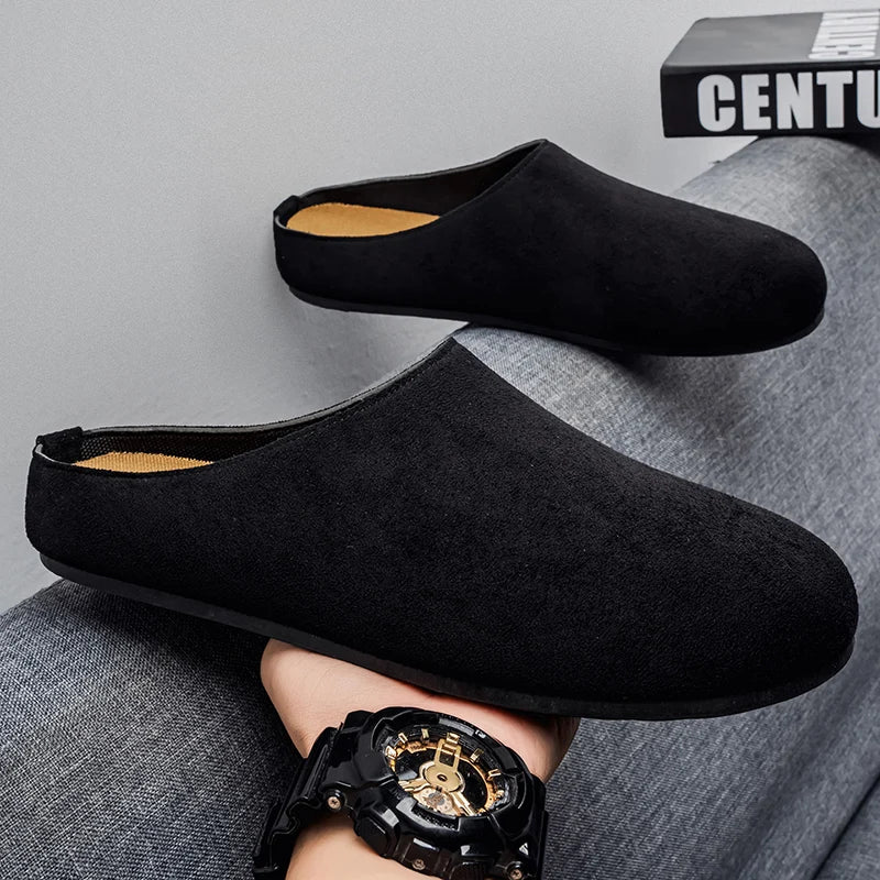 New Men's Slippers New Retro Solid Color Flat Bottom Women's Slingback Shoes Closed Toe Round Toe Suede Clogs Sandals Autumn