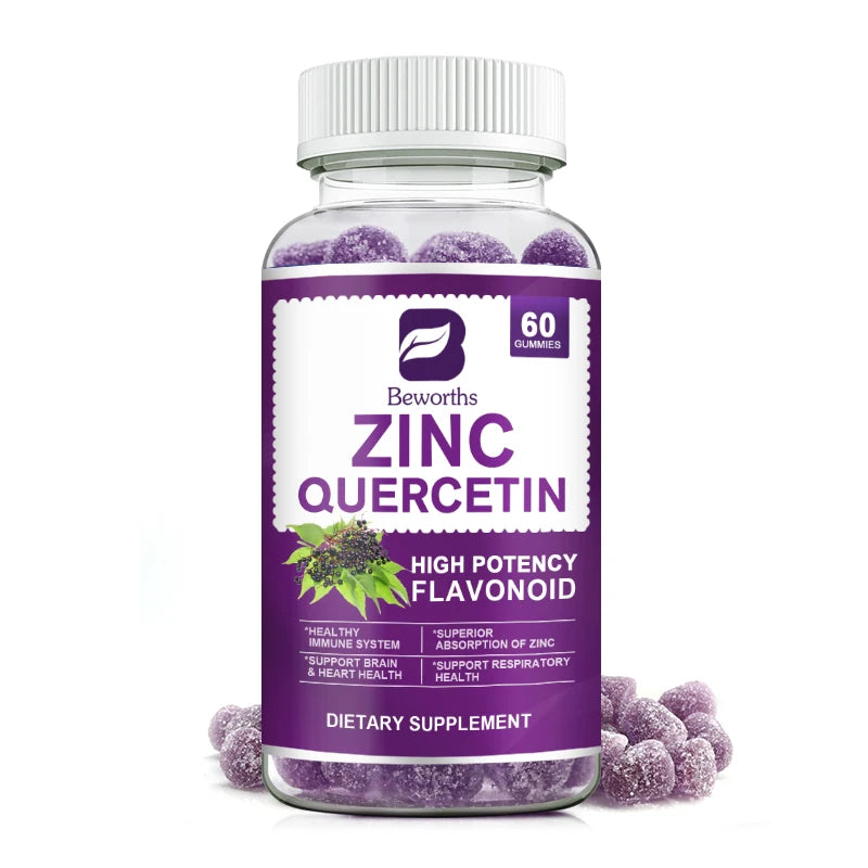 Bottle of Beworths Zinc Quercetin dietary supplement with purple label on a white background