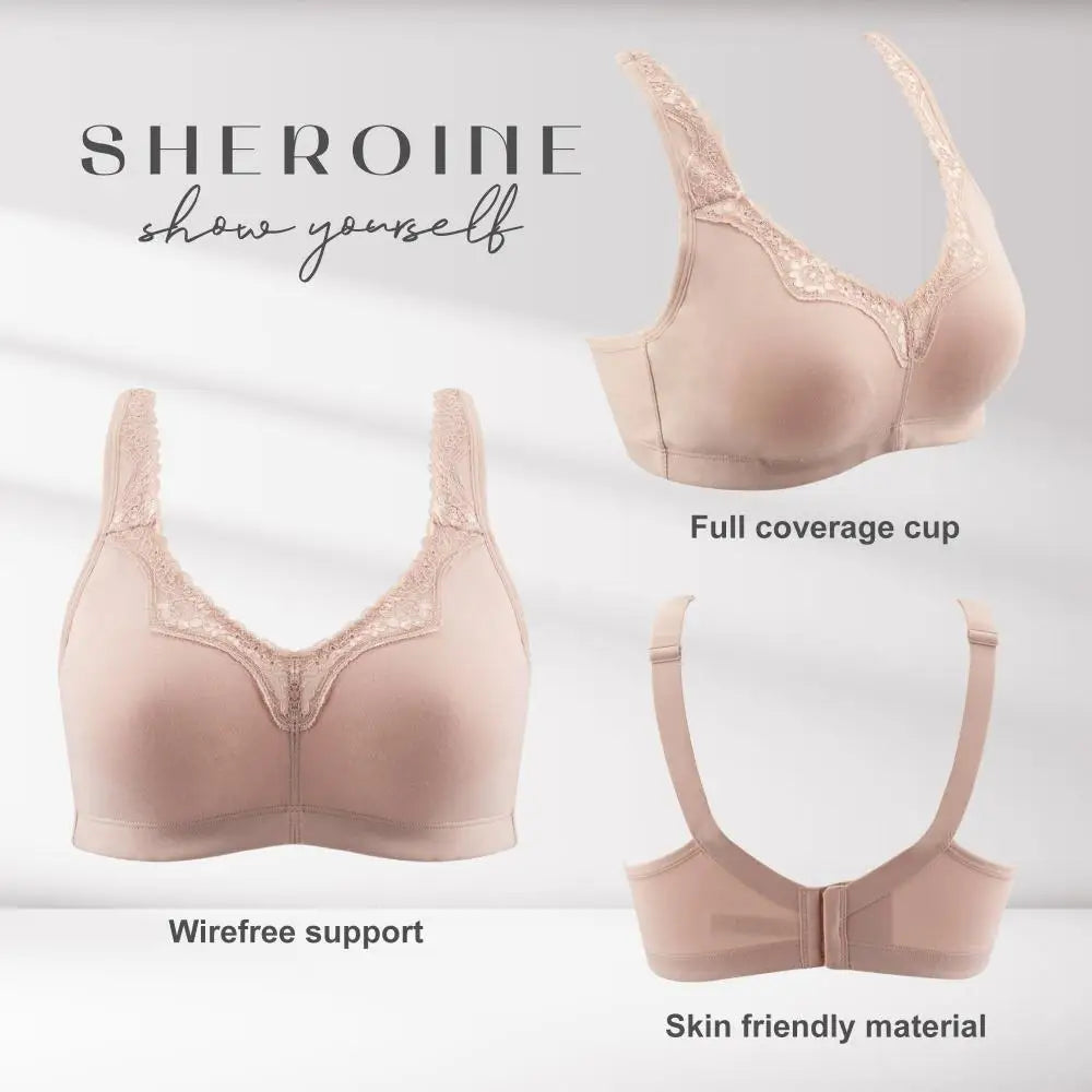 Women's Plus Size Floral Lace Wire-Free Cotton Bra for Comfort