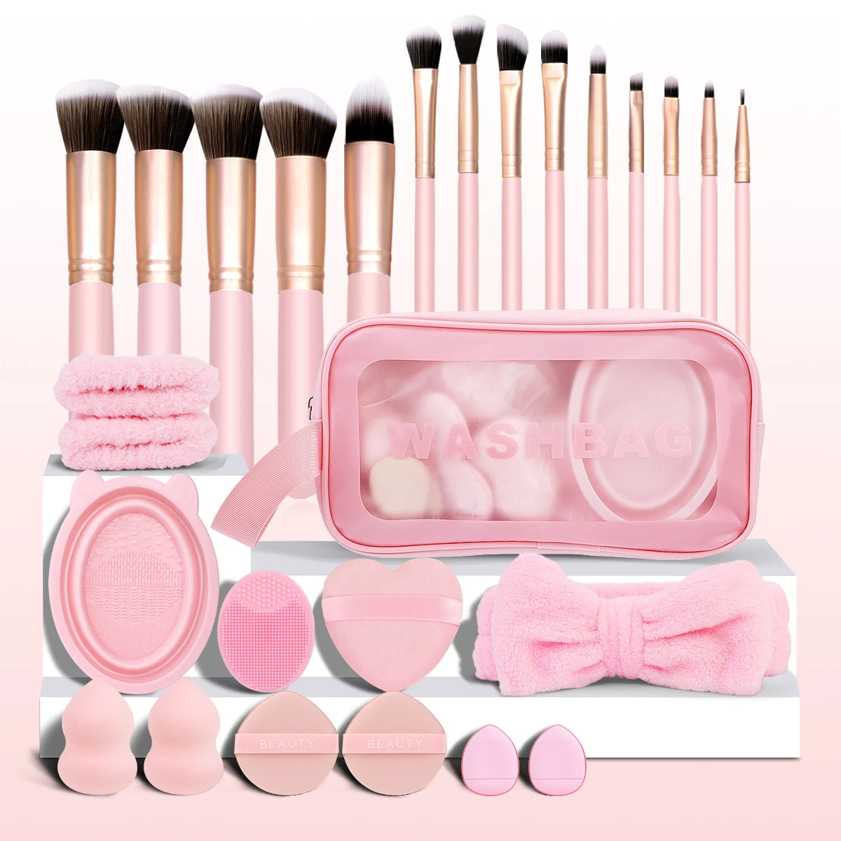 27 Piece Makeup Tool Kit – Makeup Brushes, Hairband, Wristband, Sponge Ball, Powder Puff, Silicone Cleaning Brush & Accessories – Complete Beauty Set