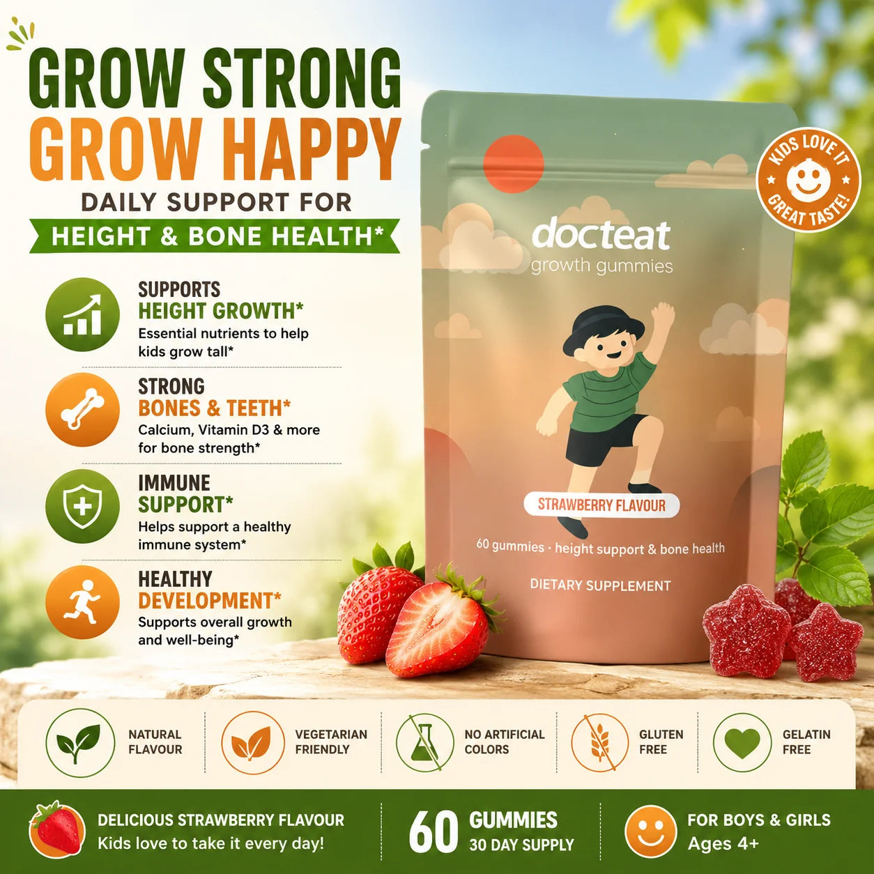 Kids Growth Gummies with Calcium, Vitamin D & K | Strawberry Flavor