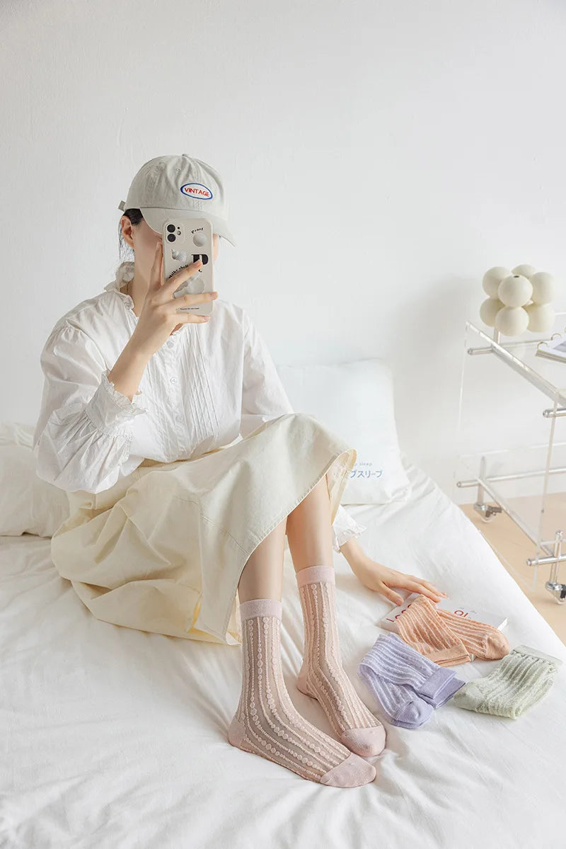 Cute Striped Kawaii Socks for Women | Ultra-Thin Summer Wear
