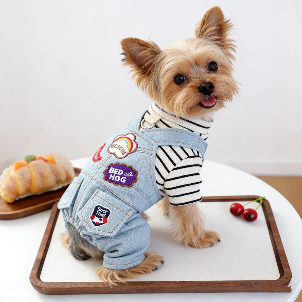 Small Dog Denim Overalls | Fun Patches Puppy Jumpsuit