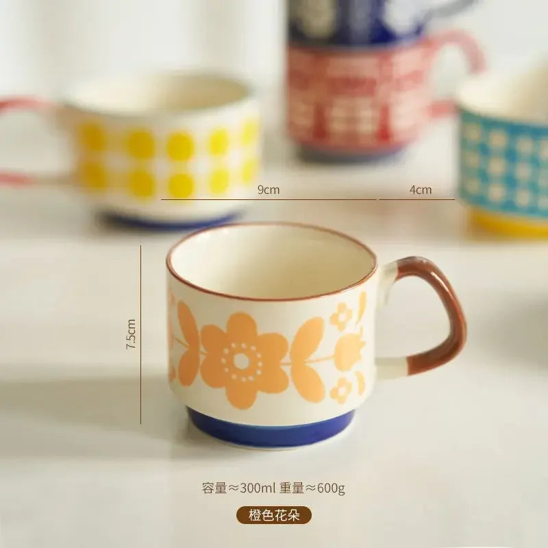300ml Japanese Flower Ceramic Mug Set | Retro Drinkware for All Occasions
