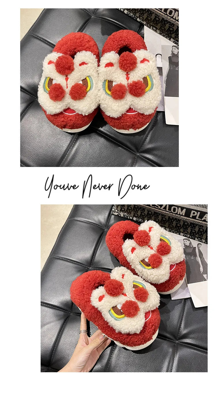 Cute Lion Dance Plush Slippers | Cozy Warm Winter Slides
