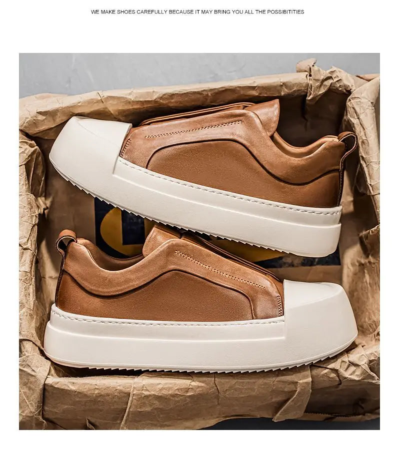 Men's Retro Brown PU Leather Platform Loafers | Lightweight Casual Sneakers