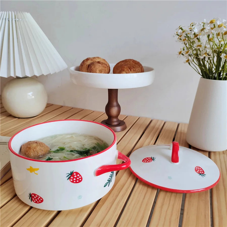 Ceramic Double Ear Bowl with Cover | Perfect for Noodles & Soup