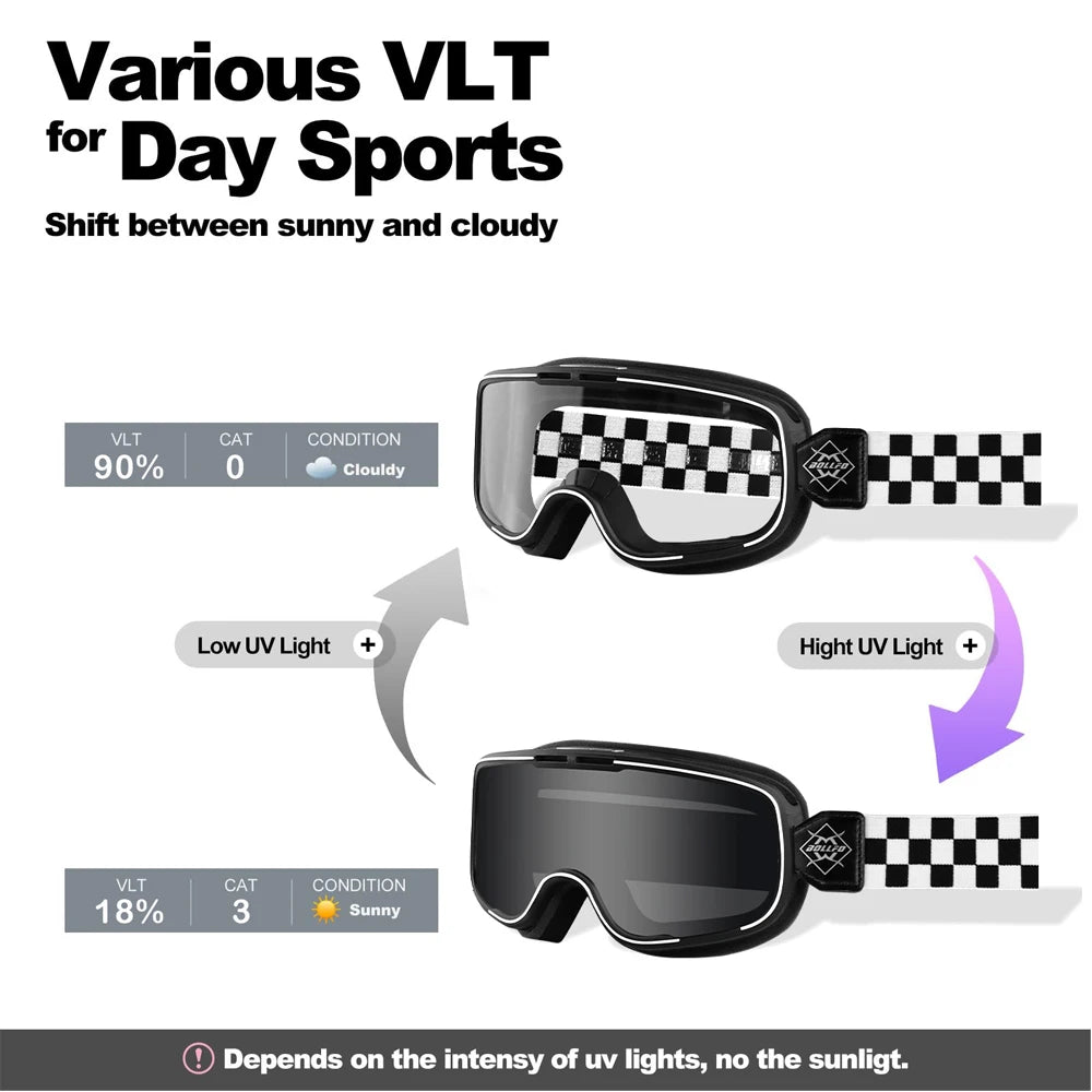 BOLLFO Photochromic Motorcycle Goggles Motorbike Eyewear OTG UV Protection Auto-tinting ATV Glasses Windproof Dirt Bike Goggles