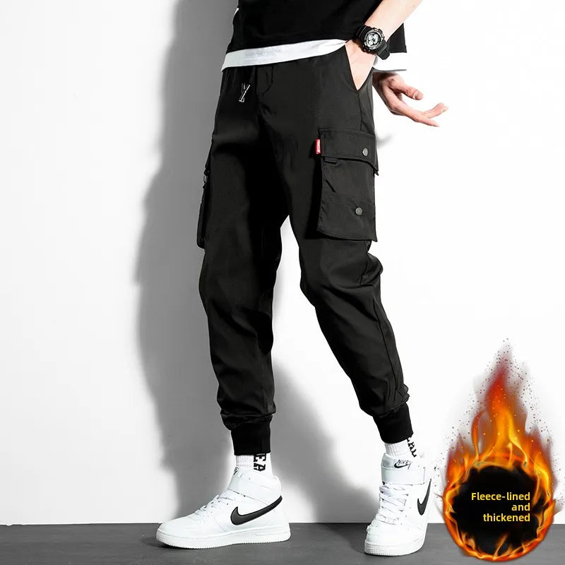 Men’s Autumn Winter Thickened Fleece Work Cargo Pants Loose Fit Wear Resistant Tear Proof Trousers with Multi Pockets
