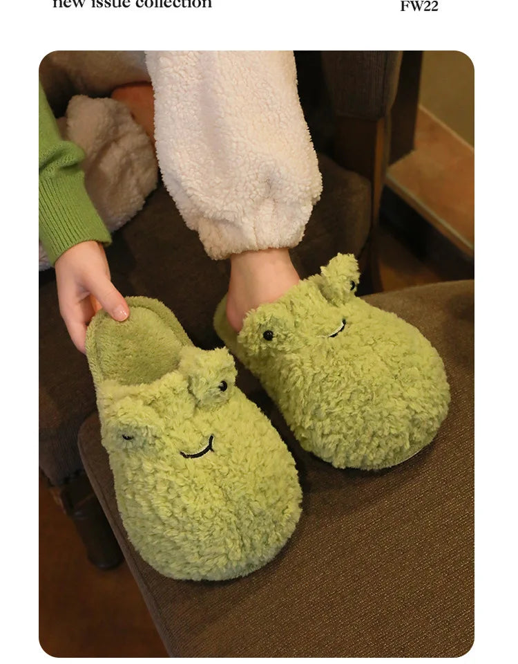 Lindas pantuflas de felpa de rana | Zapatillas de casa cálidas de dibujos animados