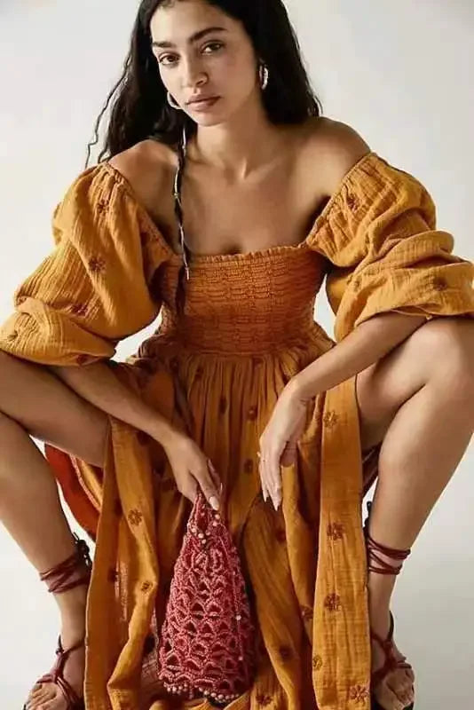Boho Floral Embroidery Maxi Dress for Women | Casual Fashion