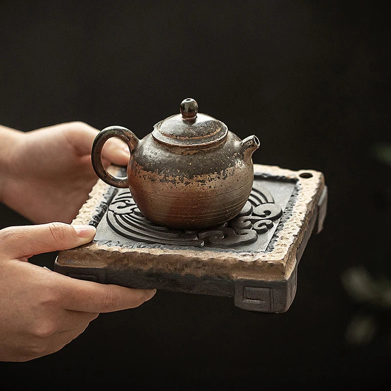 Elegante Bandeja de Té Retro Japonesa de Cerámica Dorada | Sofisticado Accesorio para Té