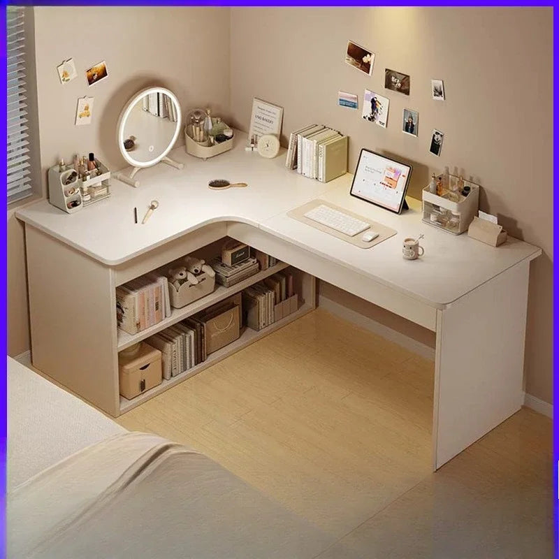 Integrated Corner Workbench & Bookshelf | Modern White Computer Desk