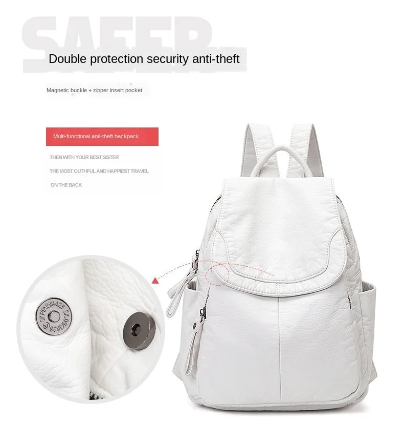 Stylish Women's White Washed Leather Backpack for Casual Travel