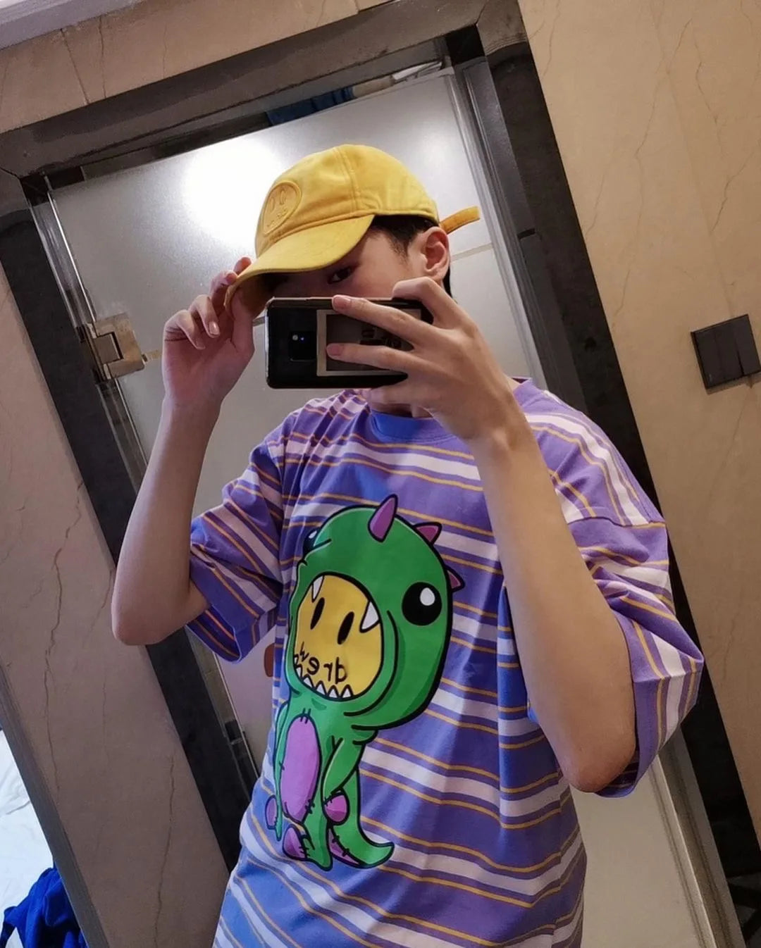 Men's Oversized Striped Dinosaur Smiley Print T-Shirt | Casual Cotton Tee