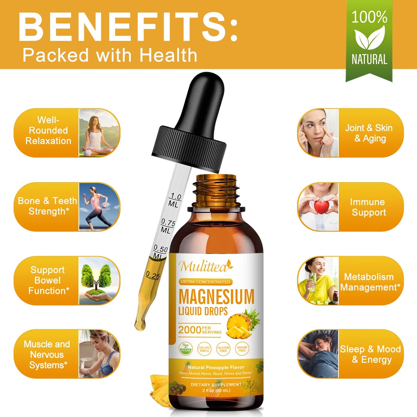 Magnesium Glycinate Drops - Pineapple Flavor for Relaxation & Sleep