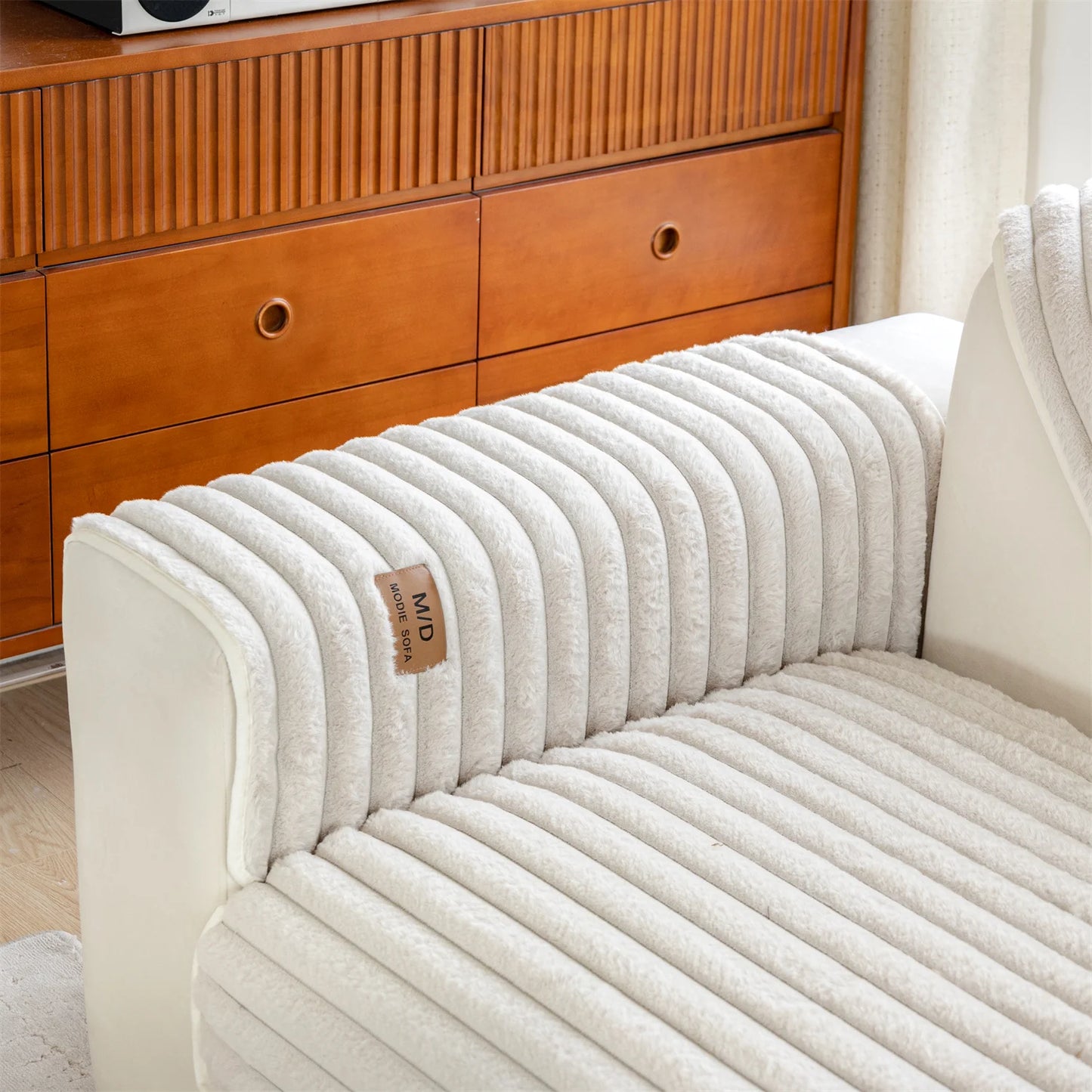Stripe Imitation Rabbit Fur Plush Sofa Cover | Non-Slip Couch Slipcover