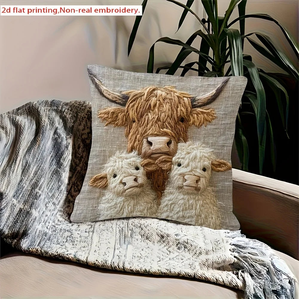 Retro Highland Cow Pillowcase | Decorative Home Design Cover