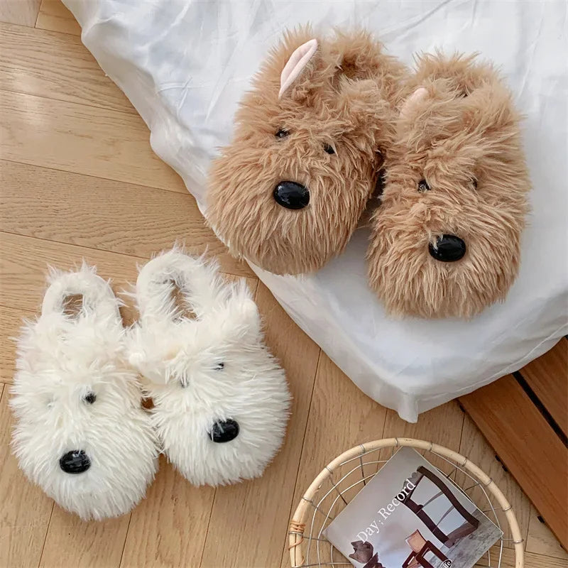 Cute Dog Plush Slippers | Warm Corduroy Indoor Shoes for Couples