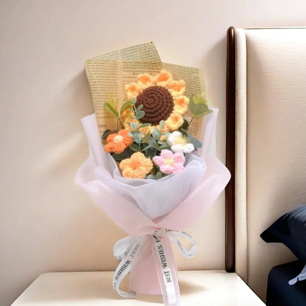 Ramo de flores de ganchillo hecho a mano | Girasol y margarita eternos de regalo