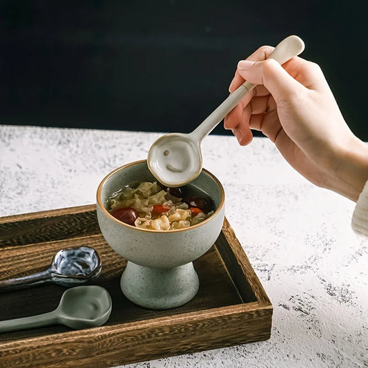 4 Cucharas Retro de Cerámica para Sopa | Perfectas para Ramen y Sopas