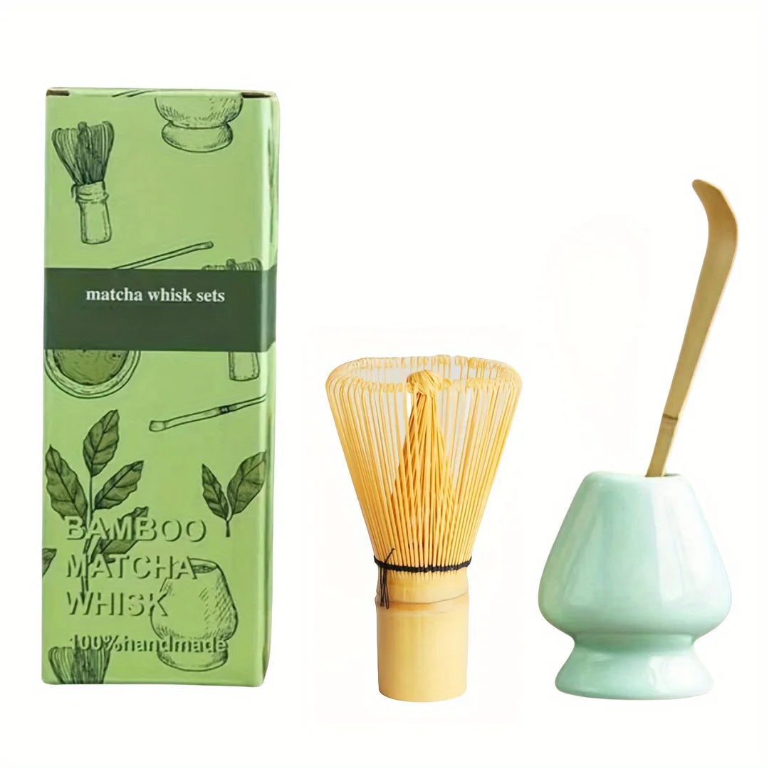 Matcha whisk set with green packaging on a white background