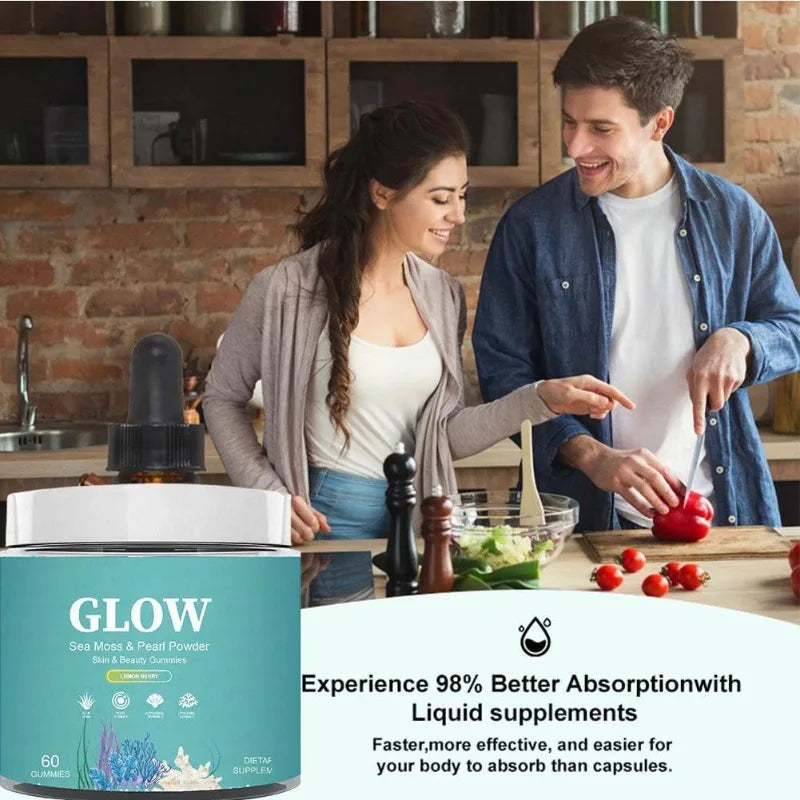 Sea Moss Glow Gummies with Vitamin C & E Moss & Pearl Powder Daily Nutritional Supplement Lemon Berry Flavor, 60 Gummies