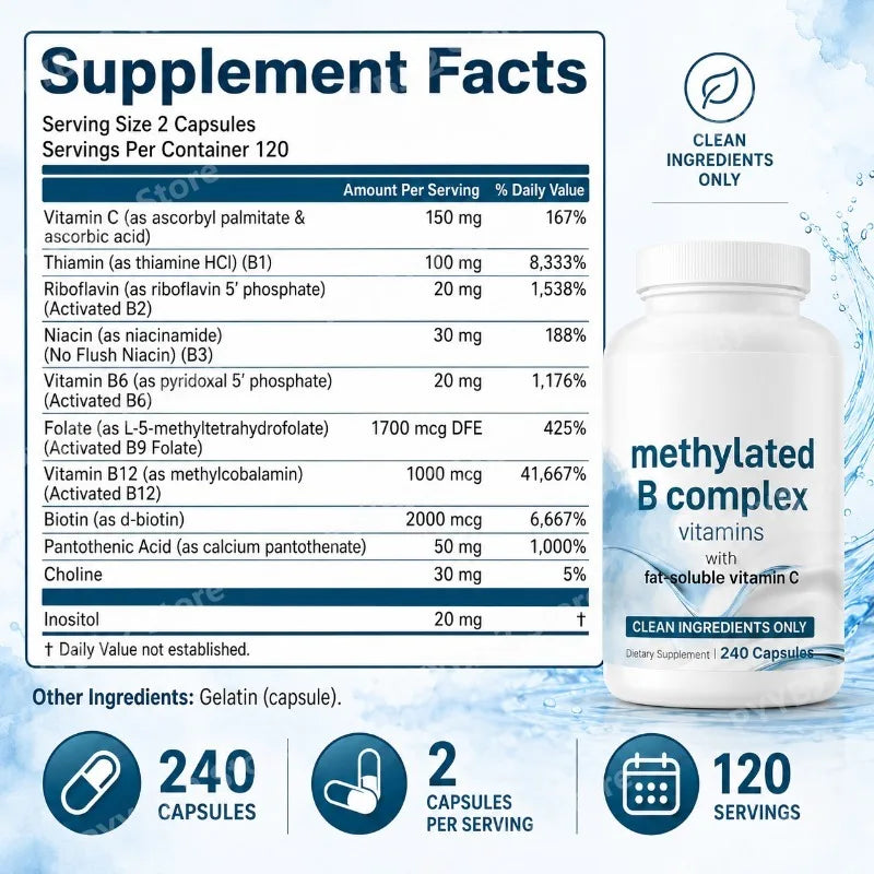 Methylated B Complex Capsules for Energy & Neurological Health