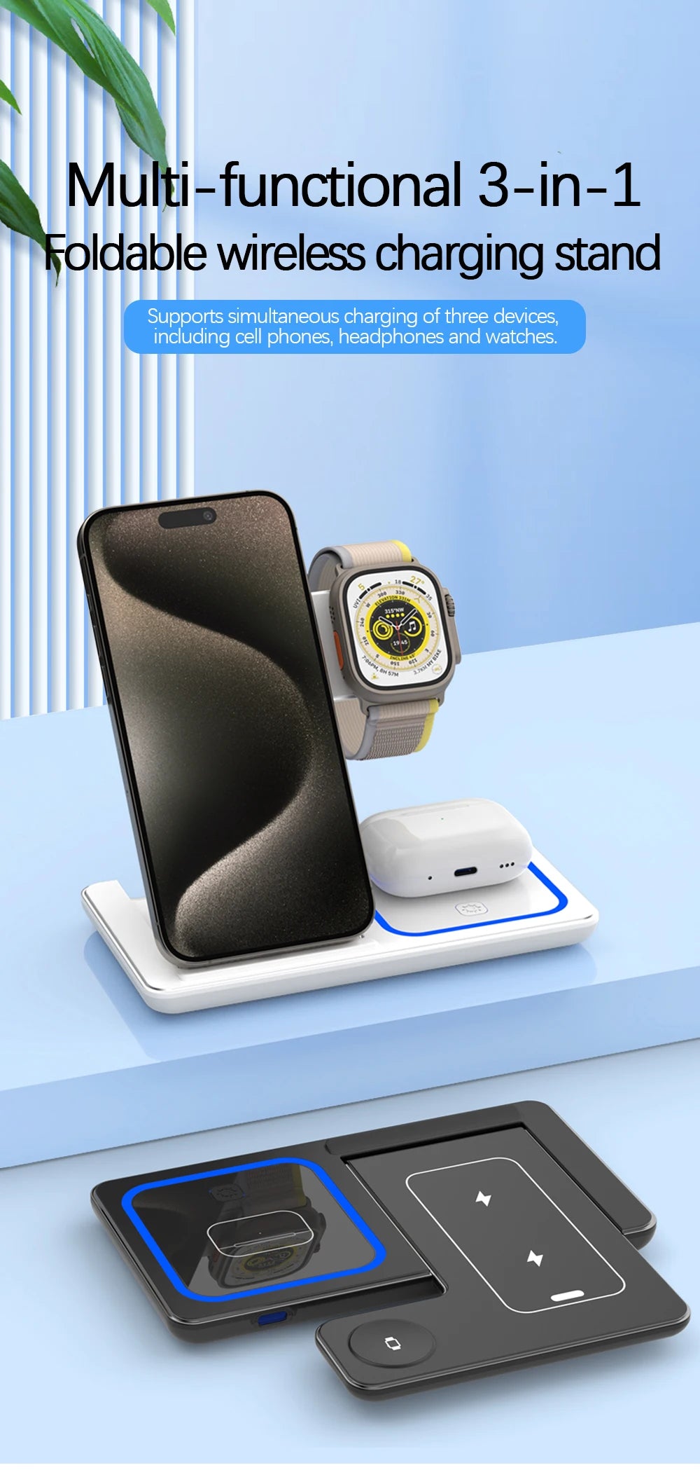 30W Foldable 3-in-1 Wireless Charging Station | Fast Qi Charger