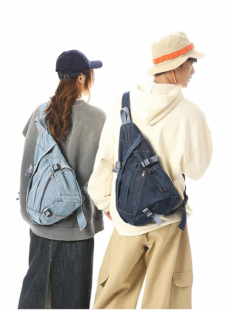 Vintage Washed Denim Sling Bag Man Woman Multifunction Retro Large Capacity Portable Motorcycle Chest Bag