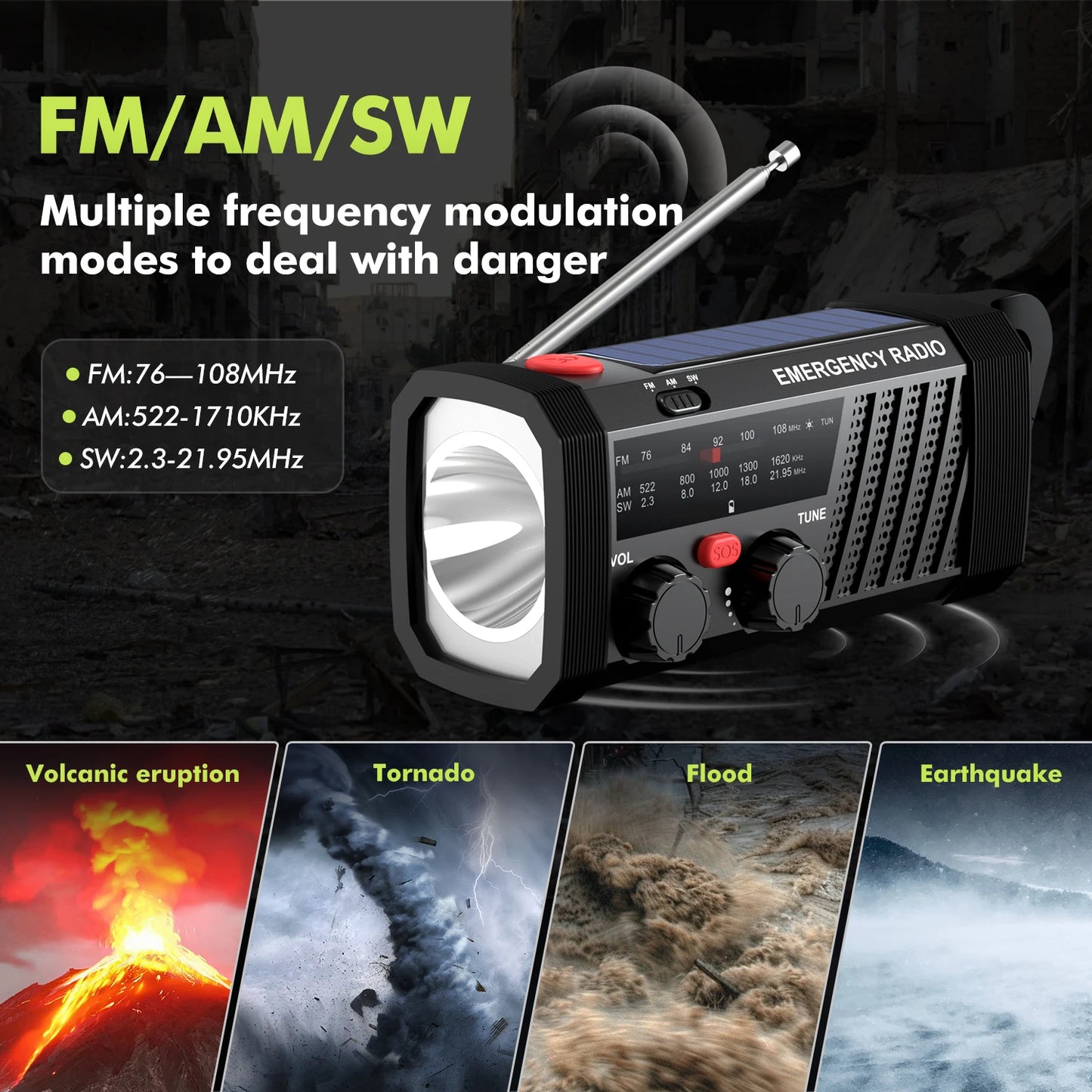 Emergency Radio with SOS Alarm & Flashlight for Survival