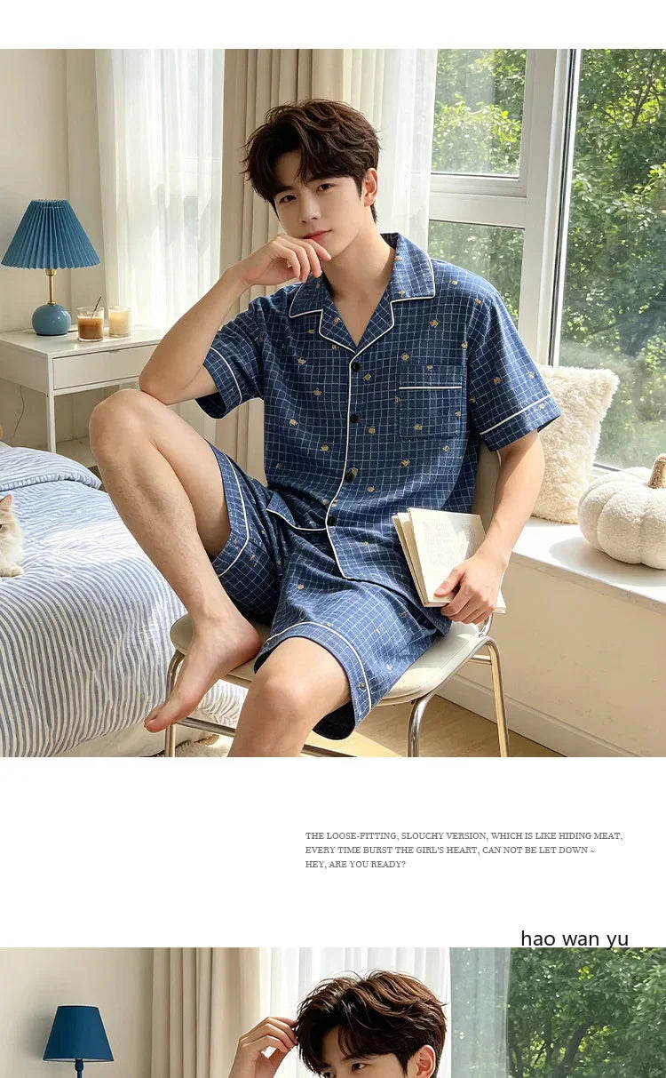 Men's Plaid Short Sleeve Pajamas | Comfortable Sleepwear Set