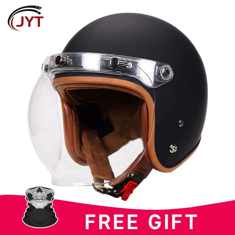 3/4 Open Face Retro Motorcycle Helmet with Bubble Visor - DOT Approved