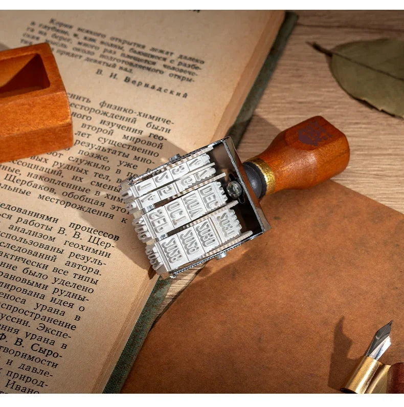 Retro Wooden Rolling Calendar Stamp | Adjustable Date Stamp for Journaling