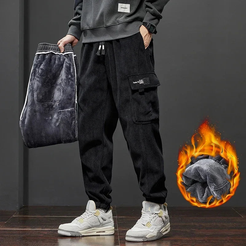 2024 Winter Fleece Corduroy Cargo Harem Pants Men Soft Thickened Warm Elastic Loose Street Jogging Sports Trousers