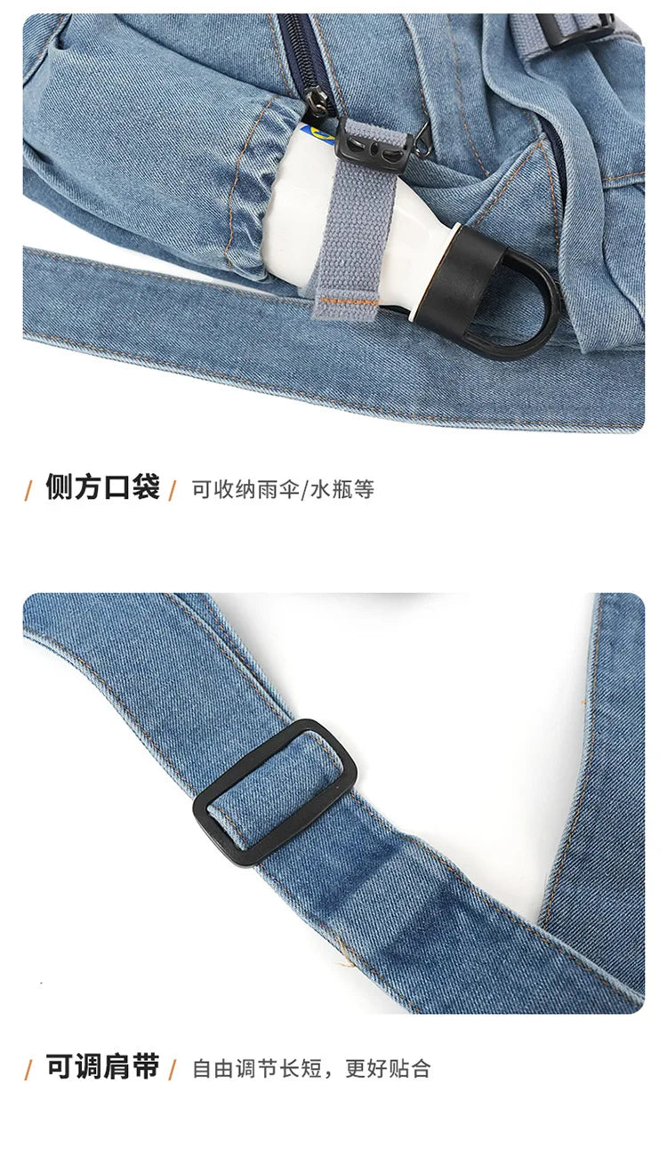 Vintage Washed Denim Sling Bag Man Woman Multifunction Retro Large Capacity Portable Motorcycle Chest Bag